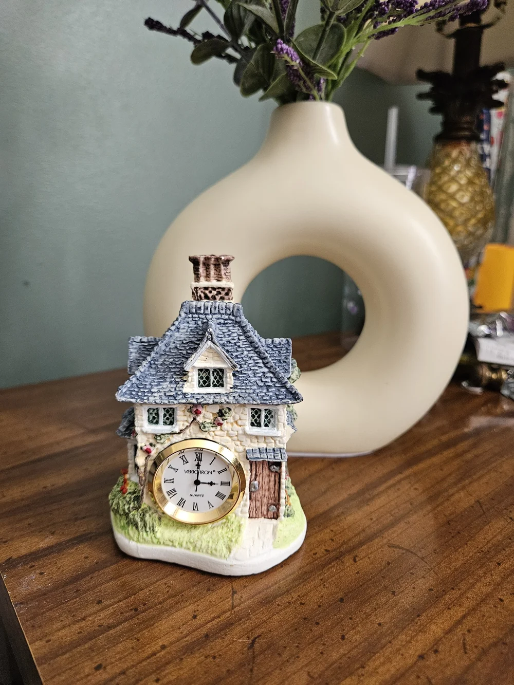 Miniature Cottage Clock Figurine - Cream & Blue Home Accent